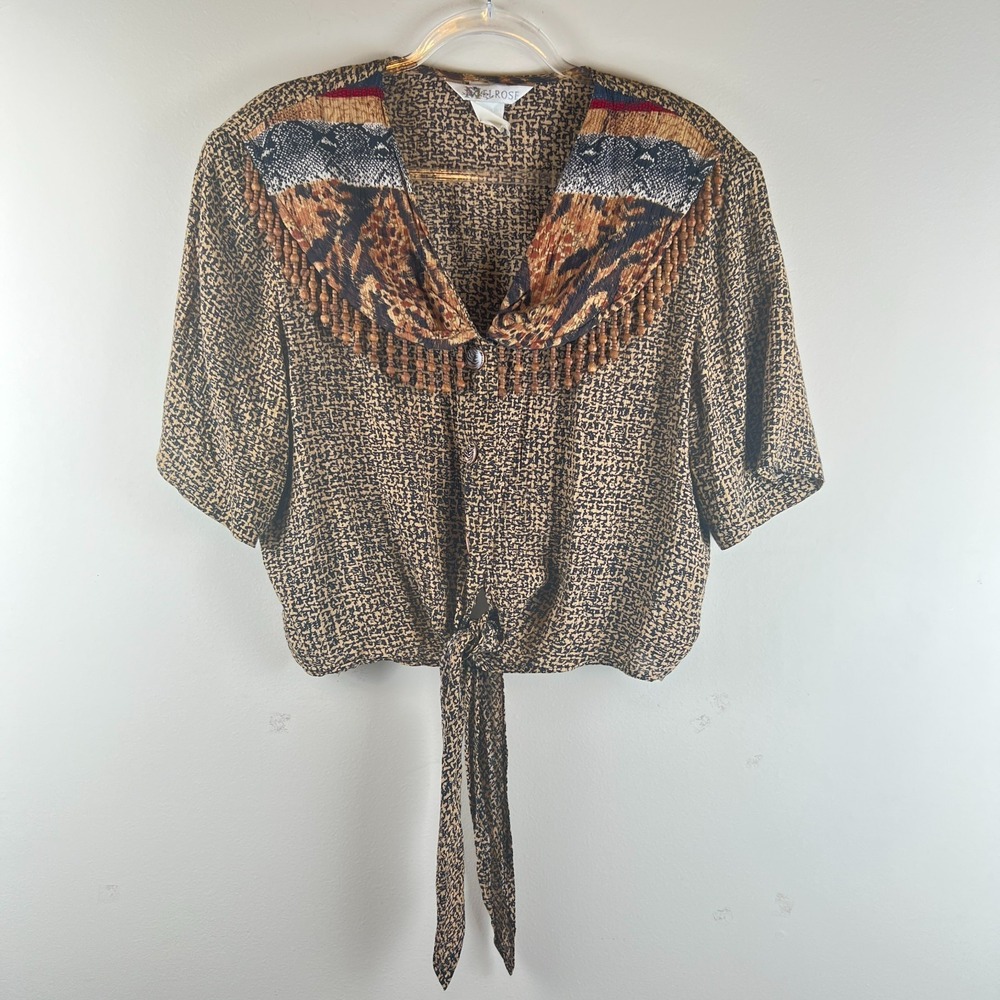 Melrose‎ Mixed Print Beaded Fringe Tie Front Top Size 16 Boho Animal Print Rayon